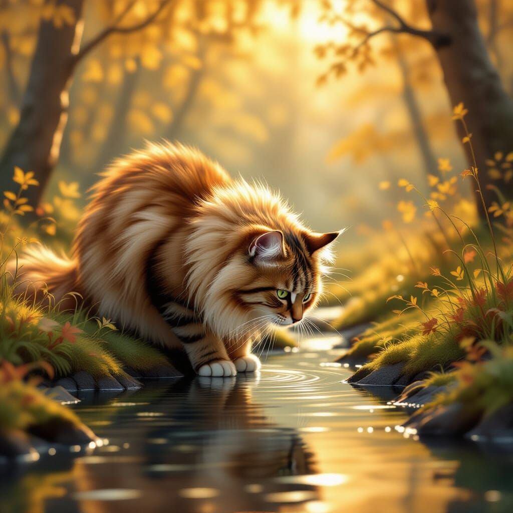 Большой лесной пушистый кот наклонился к ручью, видно его отражение, фон размытый золотой лес, высокая детализация, высокое разрешение
