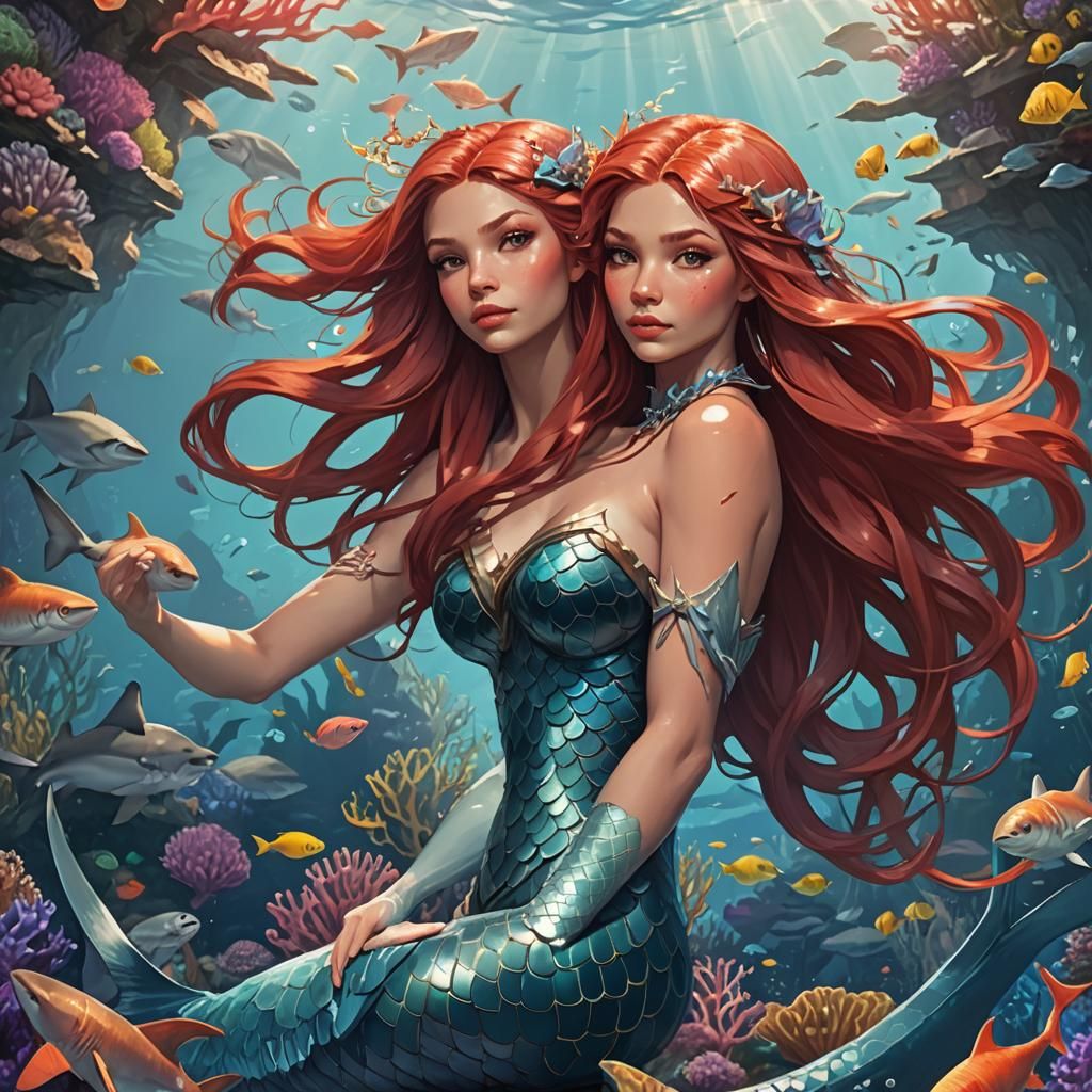 Make a mermaid with a shark lower half of her body and a face like Ariel and red hair, but with visible but small shark teeth. Make her a Ma...