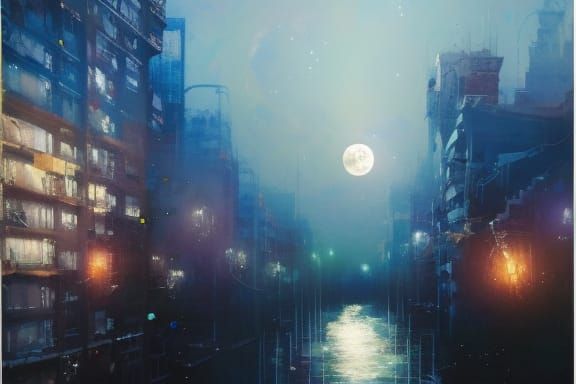 moon in the sky of a world without people ruined Earthquake ...