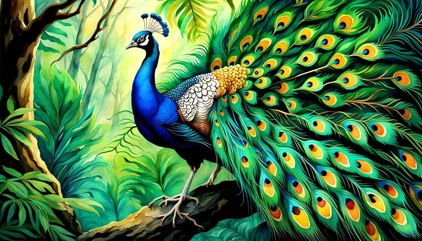Watercolor Peacock in the forest