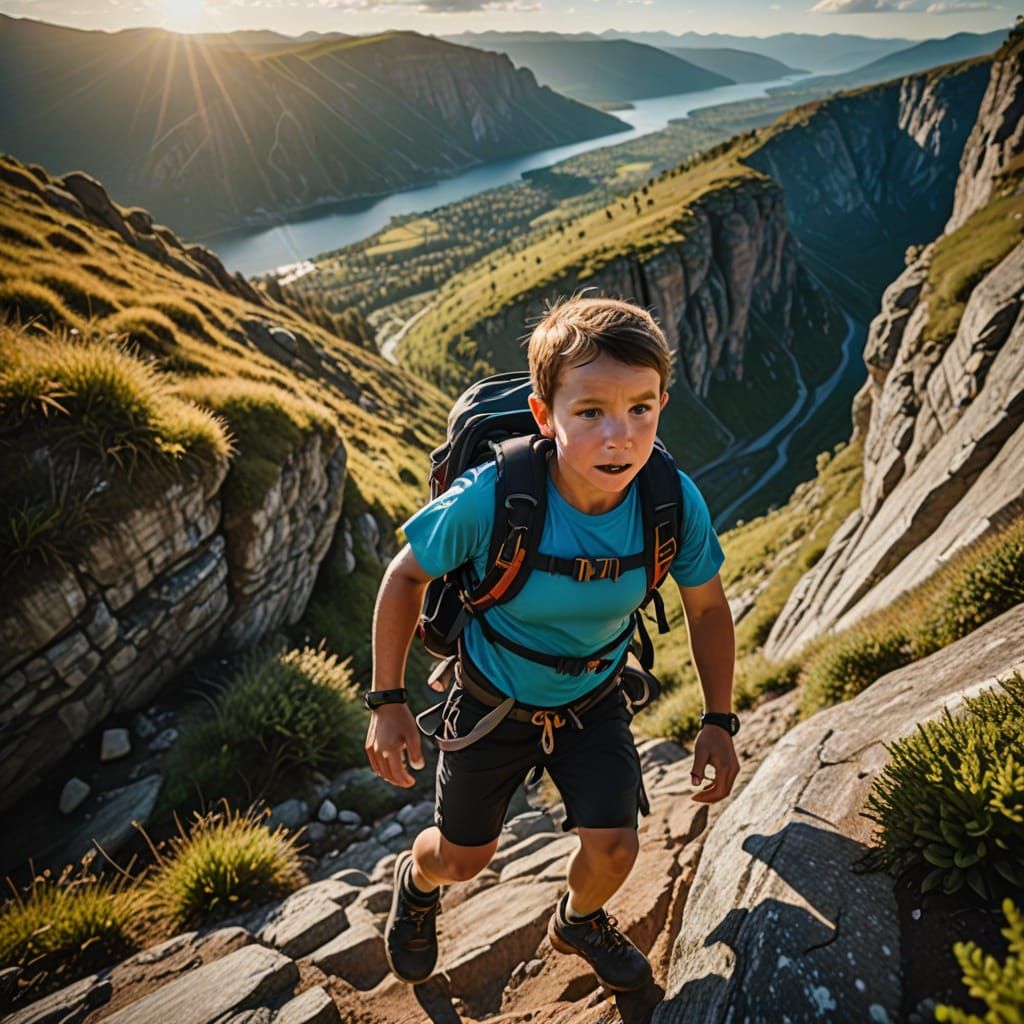 Baby and Climber Descend Cliff in Action Sports Photo
