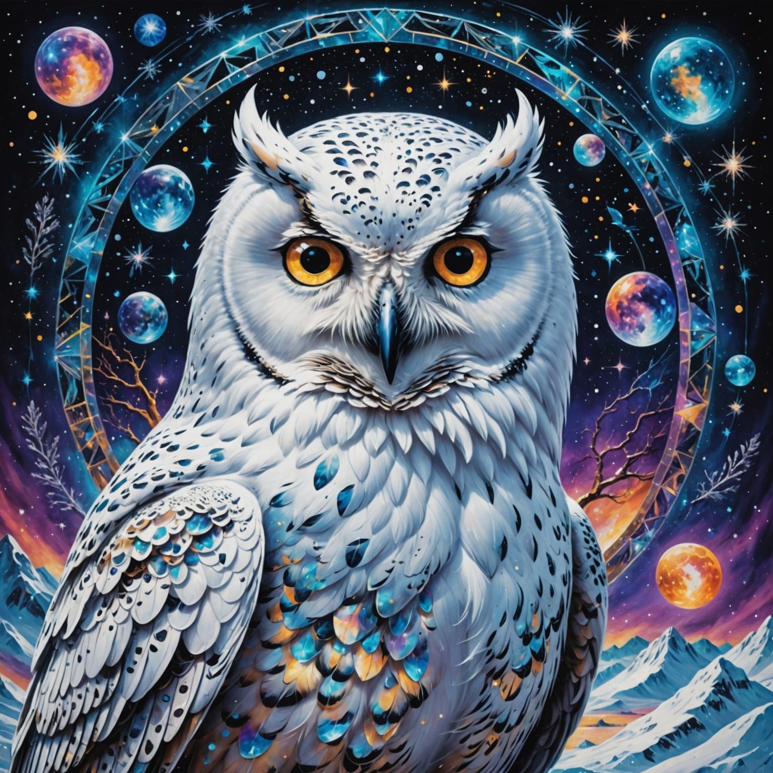 Snow Owl 8k resolution holographic astral cosmic illustration mixed media by Pablo Amaringo  by @The Casual Comicist