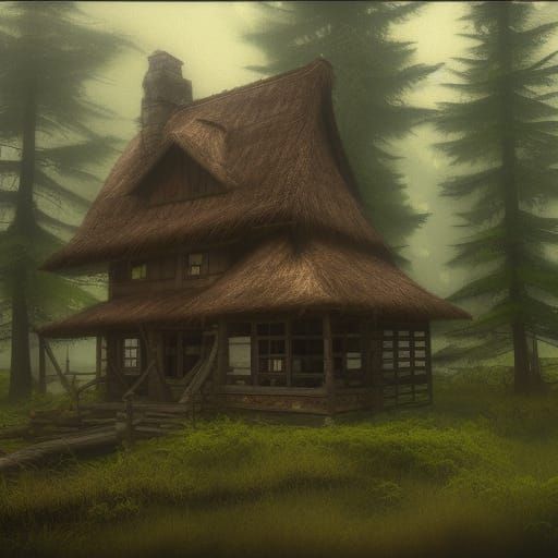 Cabin by a pond in the forest