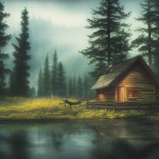 Cabin by a pond in the forest