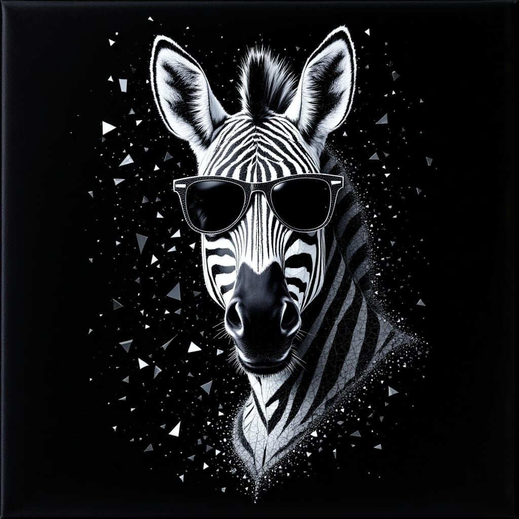 Zebra with sunglasses abstract portrait made with shattered glass on black velvet. the shatters forms the outline of portrait <lora:Shattere...