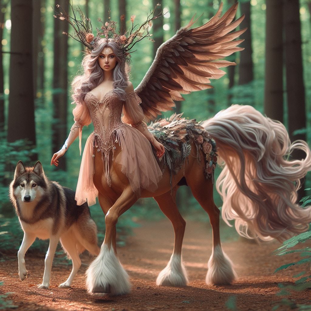 Centaur enchantress and her wolf companion