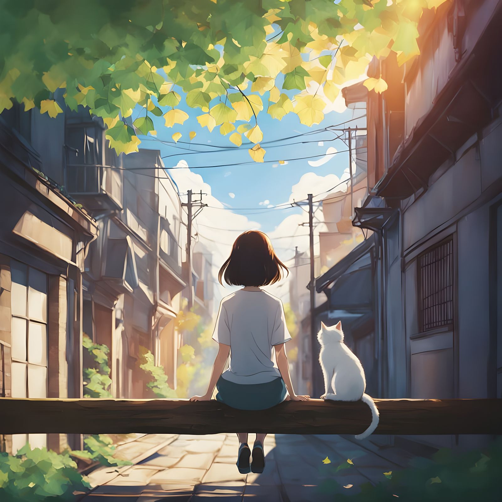 Whispers of a Summer Alley: Cat and Girl in Stillness  by @Shoji