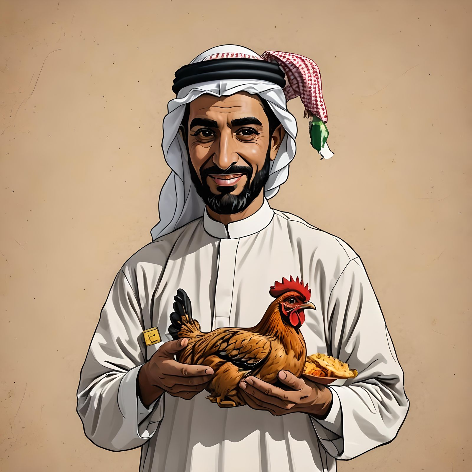 Cartoon drawing of an Arab man holding a chicken