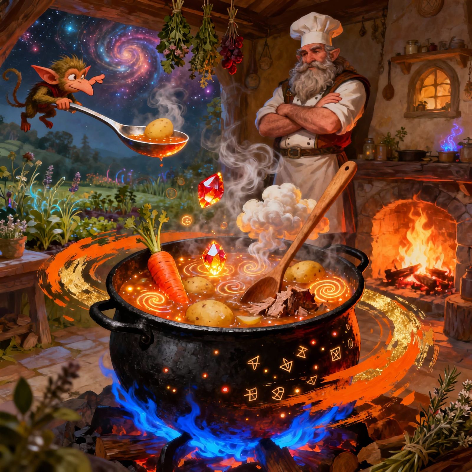 The Self-Stirring Cauldron’s Stew

Style: Vibrant abstract realism with motifs of floating ingredients, ...  by @Eclectic shambles