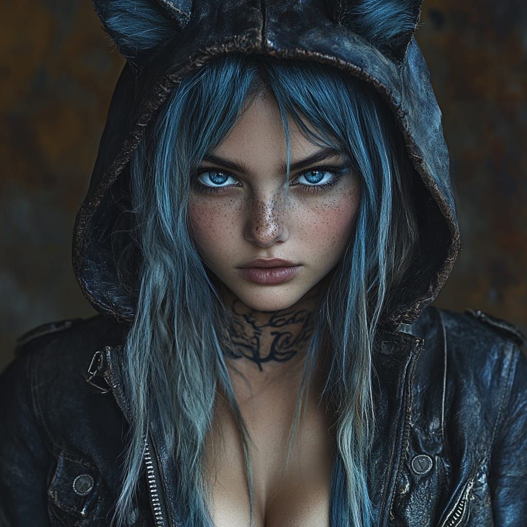 Blue hair, cat ears...