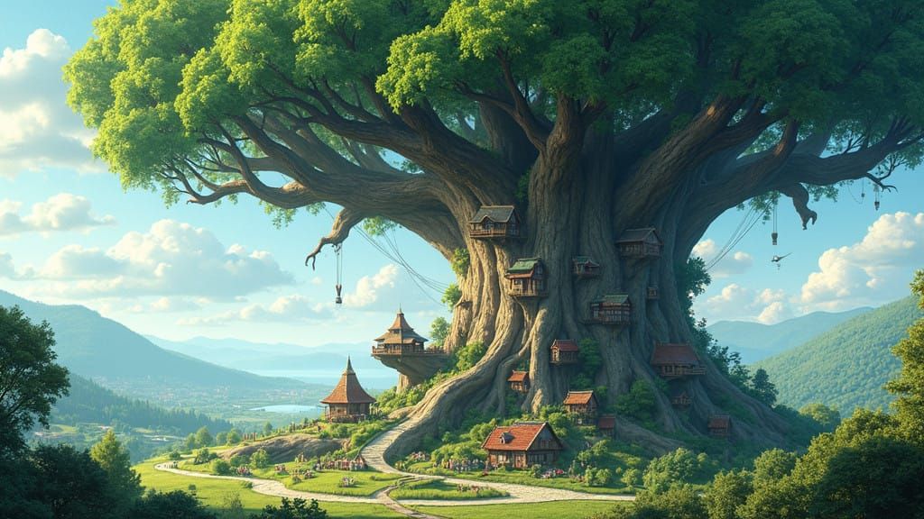A colossal tree standing 10 kilometers high towers over a serene and sunny landscape. The bark of the tree is textured and ancient, with vib...