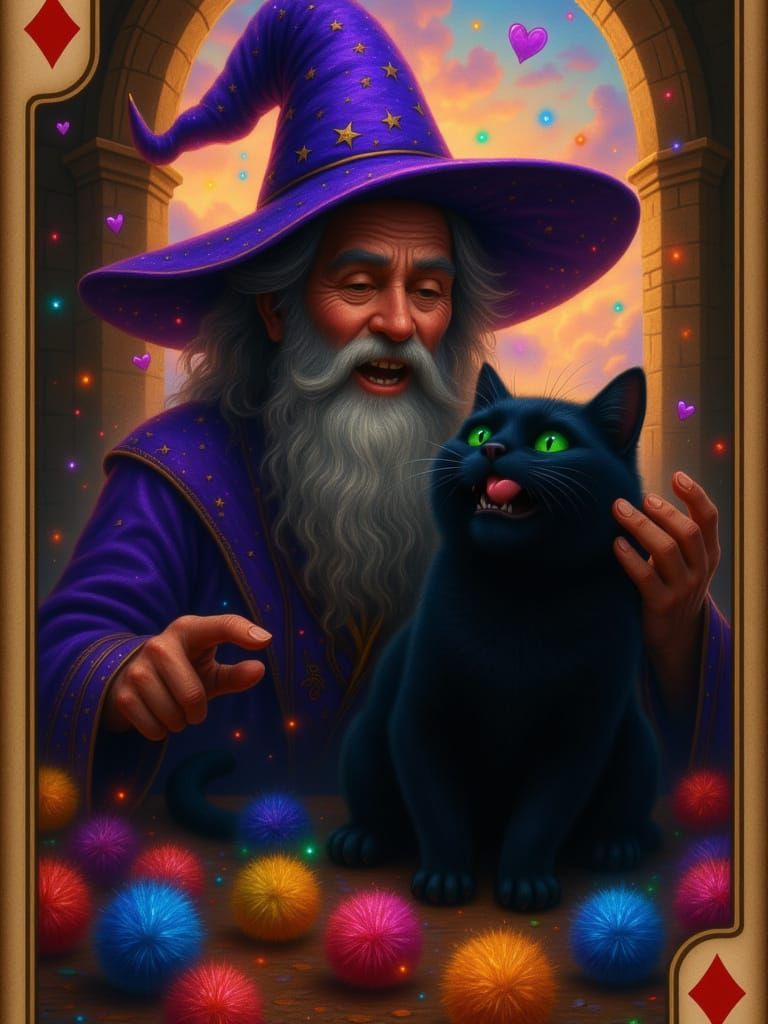 in a 5 of red hearts playing card style black cat with emerald green eyes laughing mischievous as a wizard in purple robes and wizard hat wi...