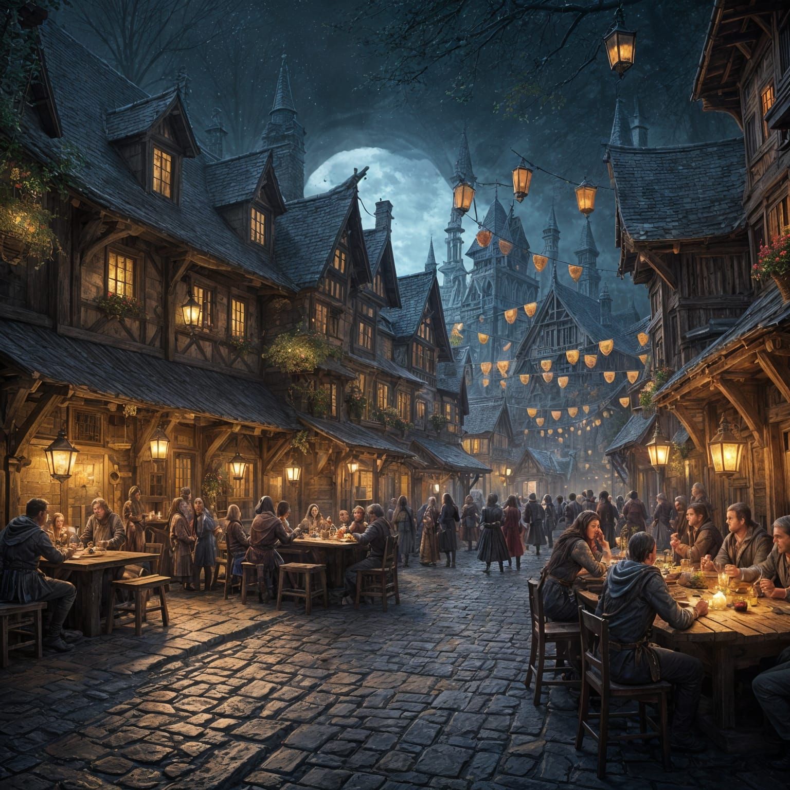 A bustling medieval tavern street  by @theArchairez