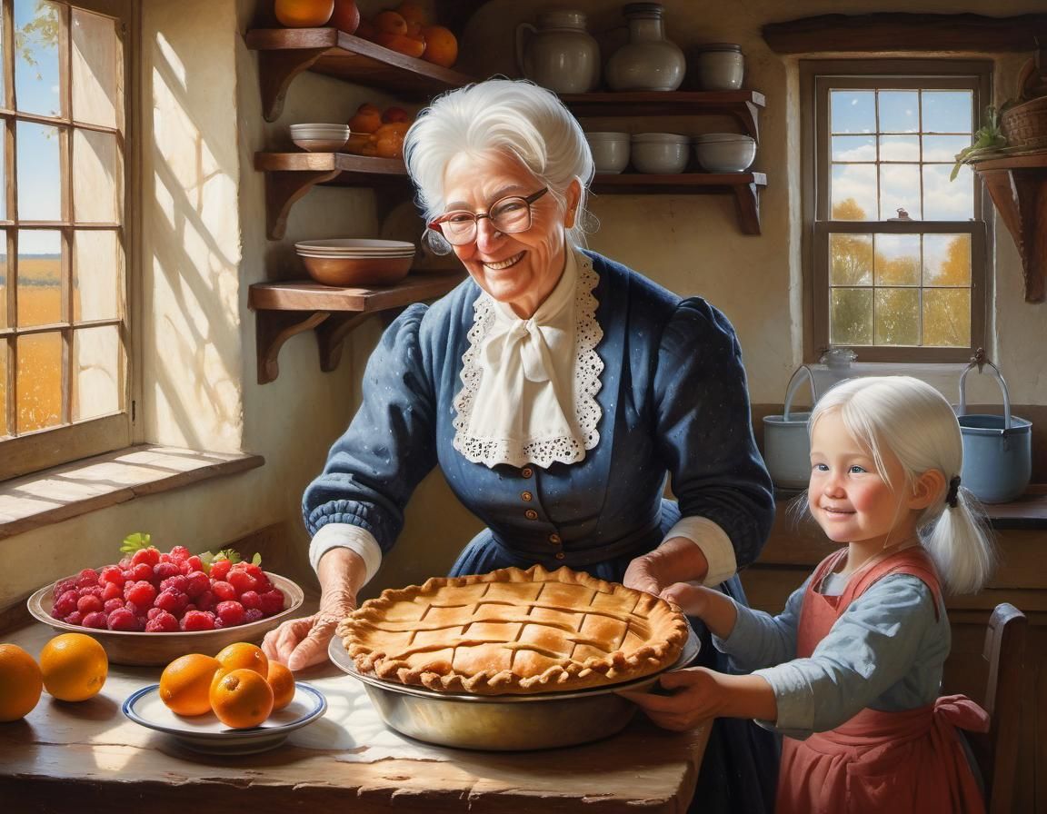 Smilling grandma, with white hair and glasses, serves pie to a little ...