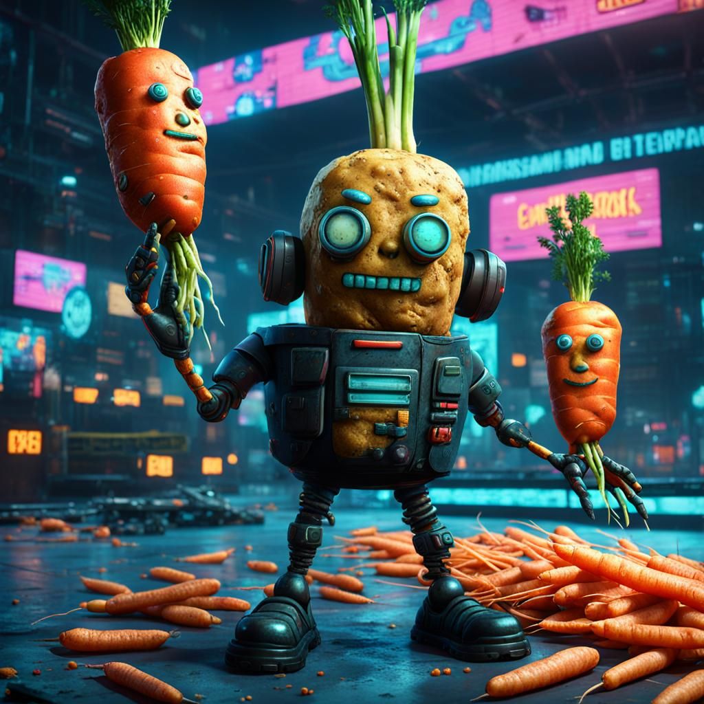 potatoes with a face, arms and legs in cyber punk style hfpu...