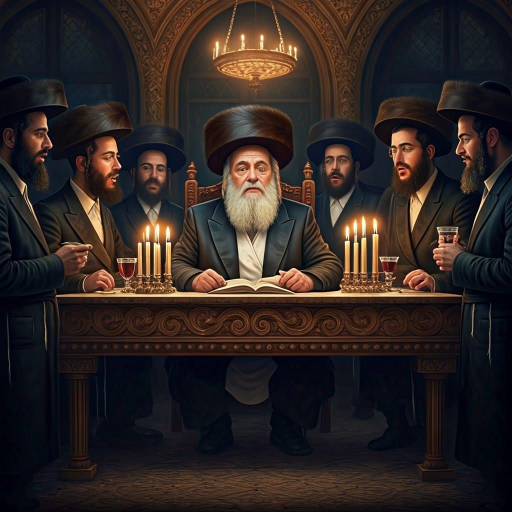 Chassidic Jews Gather at the Shabbat Table in Warm, Golden L...