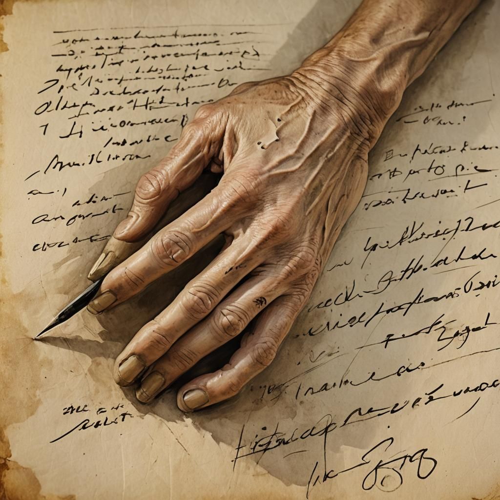 Draws calligraphy. 180-year-old painter. A hand writes with ...