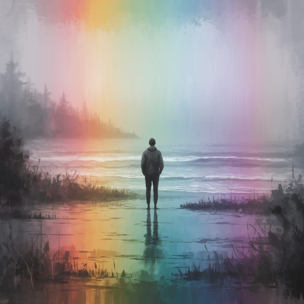 A lone figure stands on a foggy shoreline, looking out at the ocean where the horizon line is indistinct ...  by @Sacha