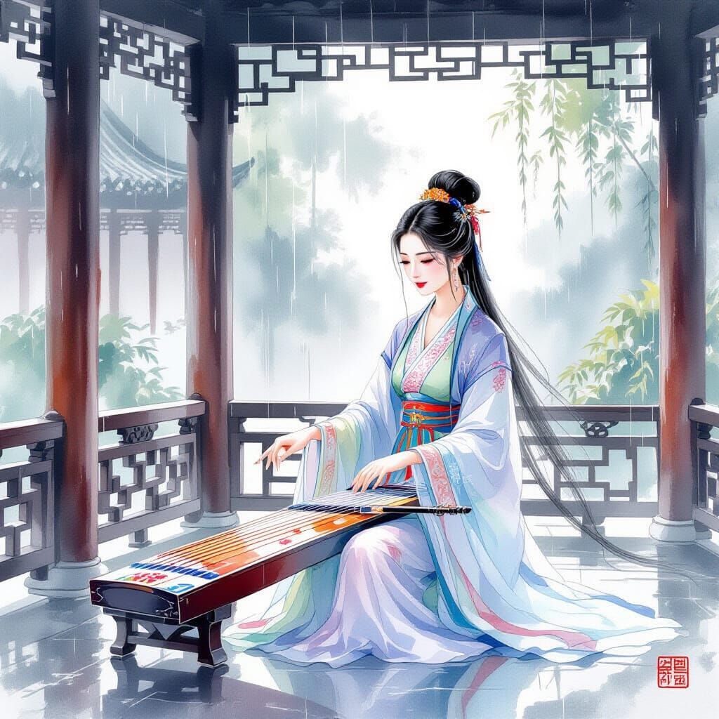 Ancient Chinese Woman Plays Crystal Guzheng in Gentle Rain