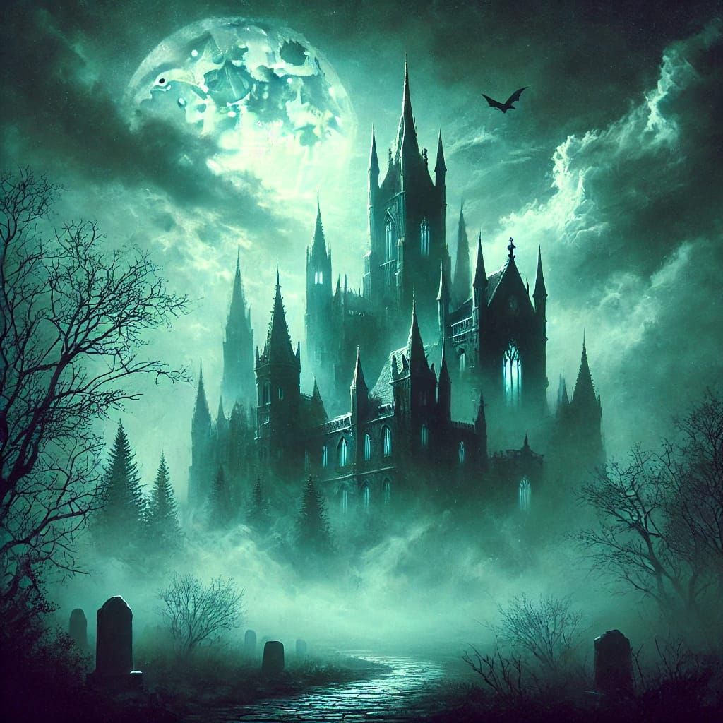 A gothic witch's manor shrouded in an eerie, necromantic atmosphere. The dark, towering structure is adorned with twiste...