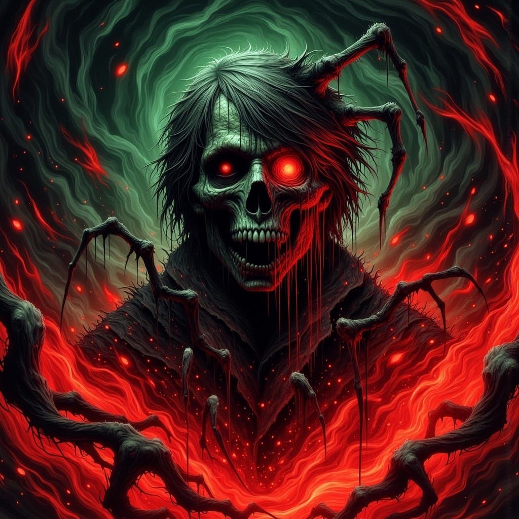 <lora:Veil of Nightmares:1.0> ""Drewmscape: dynamic lighting in the style of Gustave Doré, bathed in warm reds and greens. A mystic fog shro...