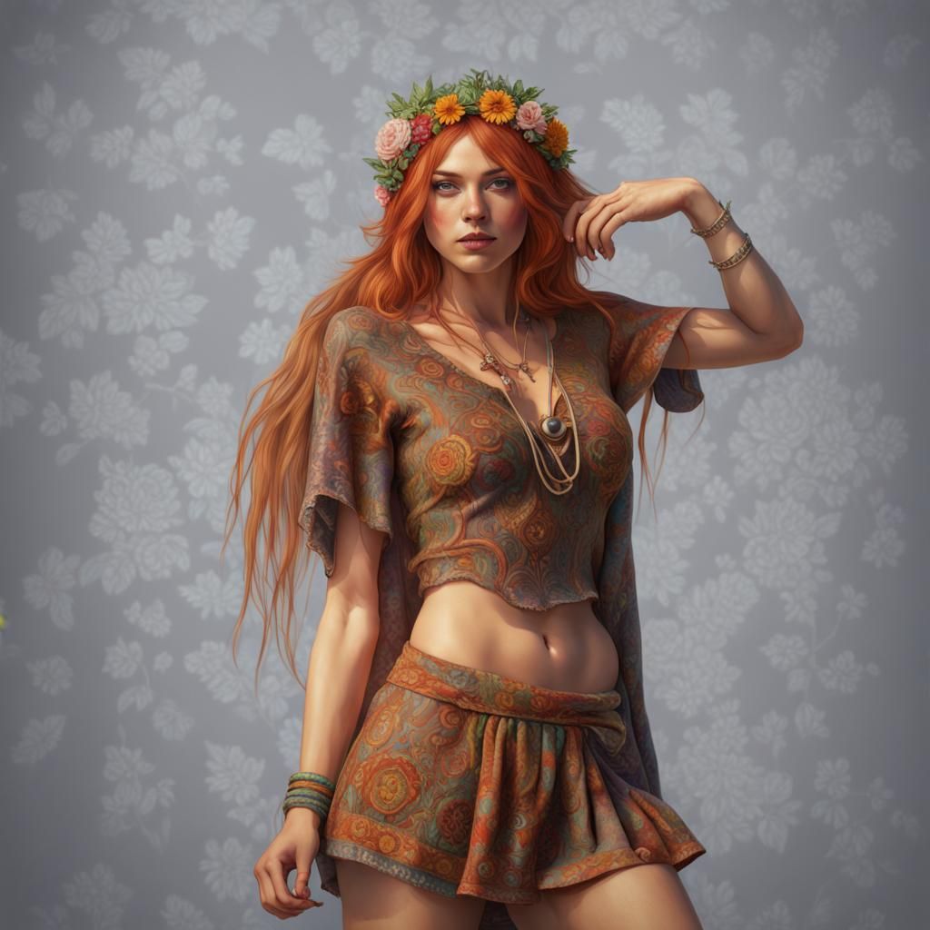 Stunningly beautiful hippie girl in a hippie van, short ginger hair, full  body portrait, miniskirt and bikini top Intricately yarn embroider... - AI  Generated Artwork - NightCafe Creator