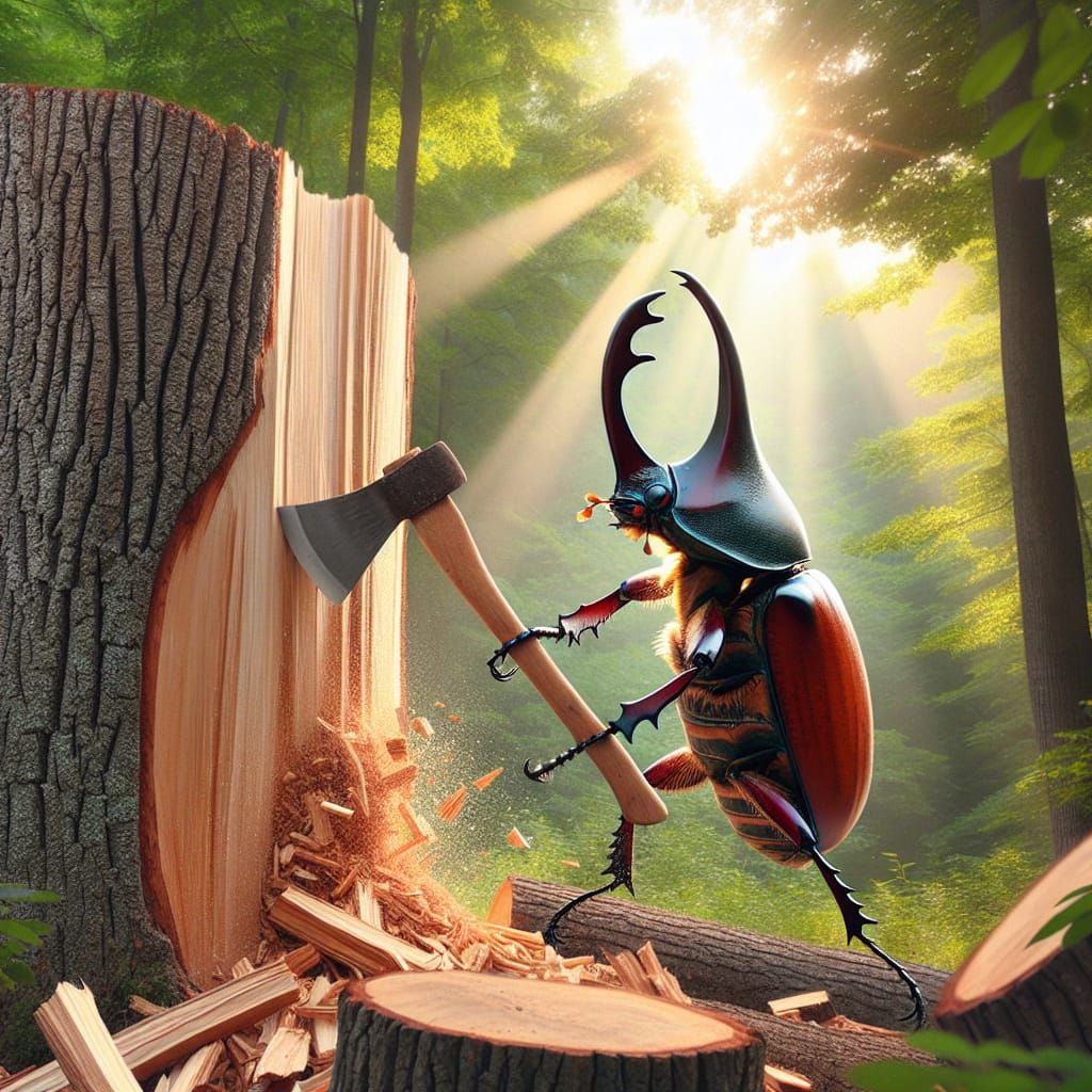anthropomorphic beetle chopping down a tree  by @Sylver Wolf
