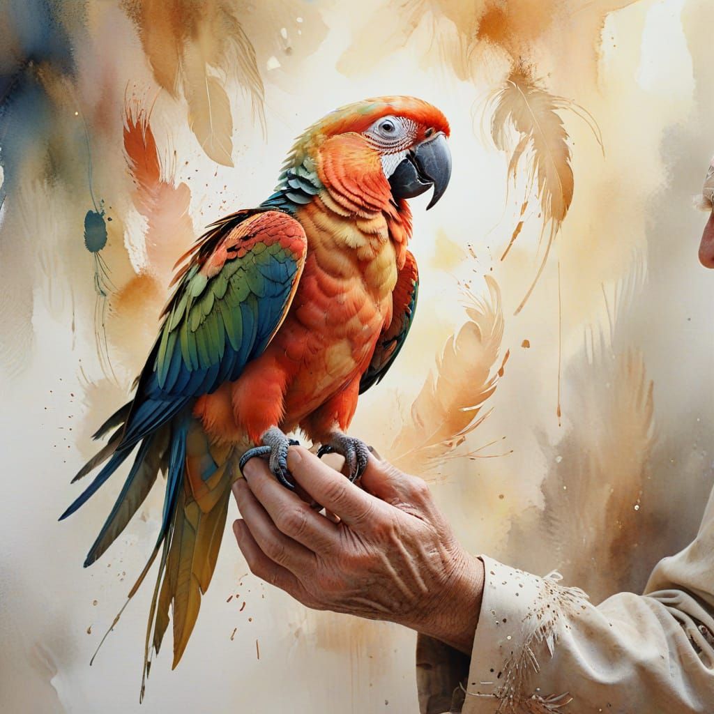 Watercolor Parrot on Hand: Shimmering Feathers