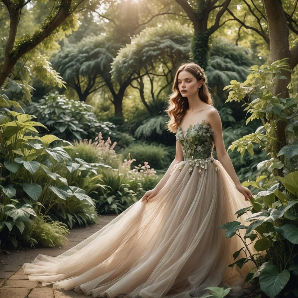 A fashion photoshoot set in a botanical garden, with a model...
