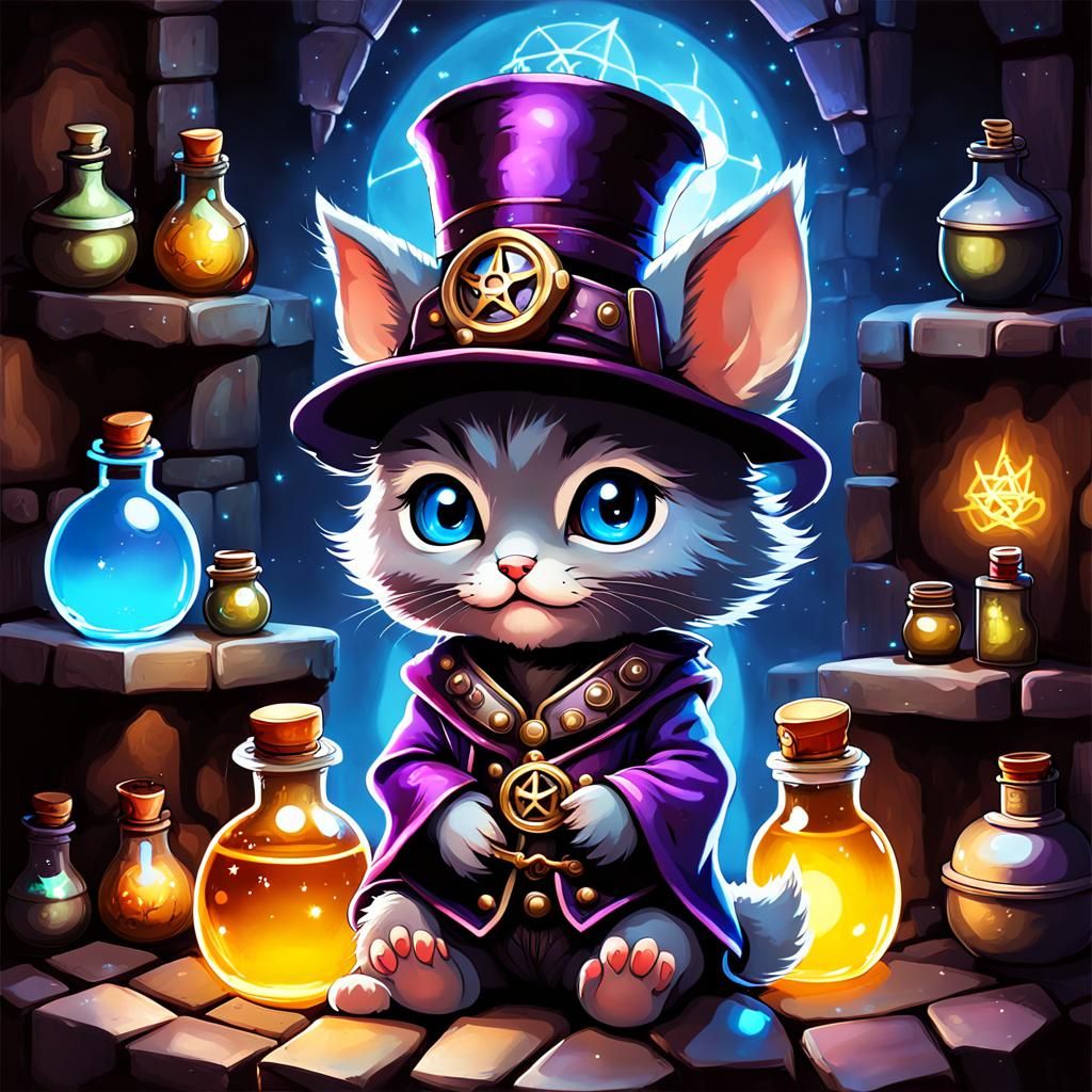 Steampunk Korat Kitten Sorceror sitting in glowing dungeon