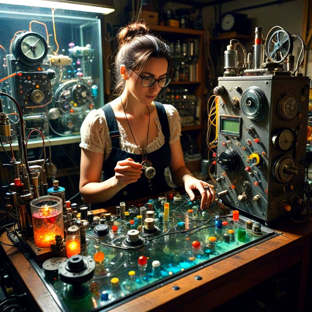 Steampunk Inventor in a Whimsical Aquarium