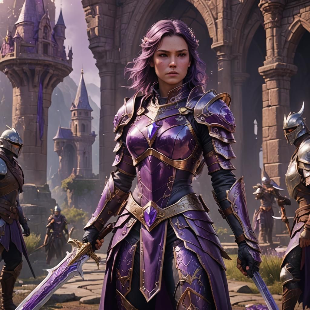 rebecca in amethyst battle armor at the ready holding her sw...