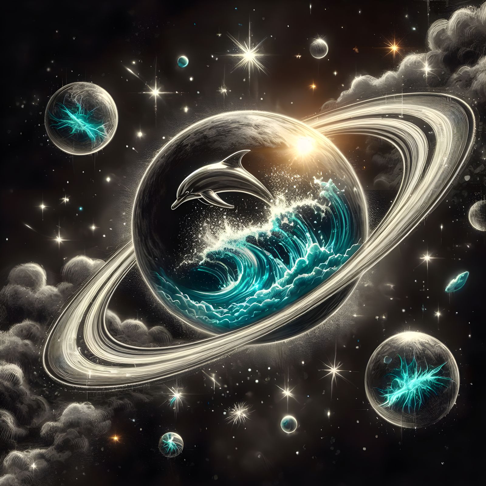 Saturn with Ocean and Leaping Dolphin Inside