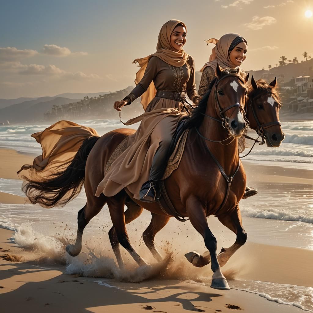 "A hijabi girl wearing a light brown long dress is riding a ...