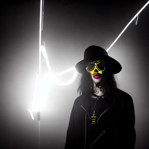 intense yellow neon light. fog. smoke. female goth fashion model. goth