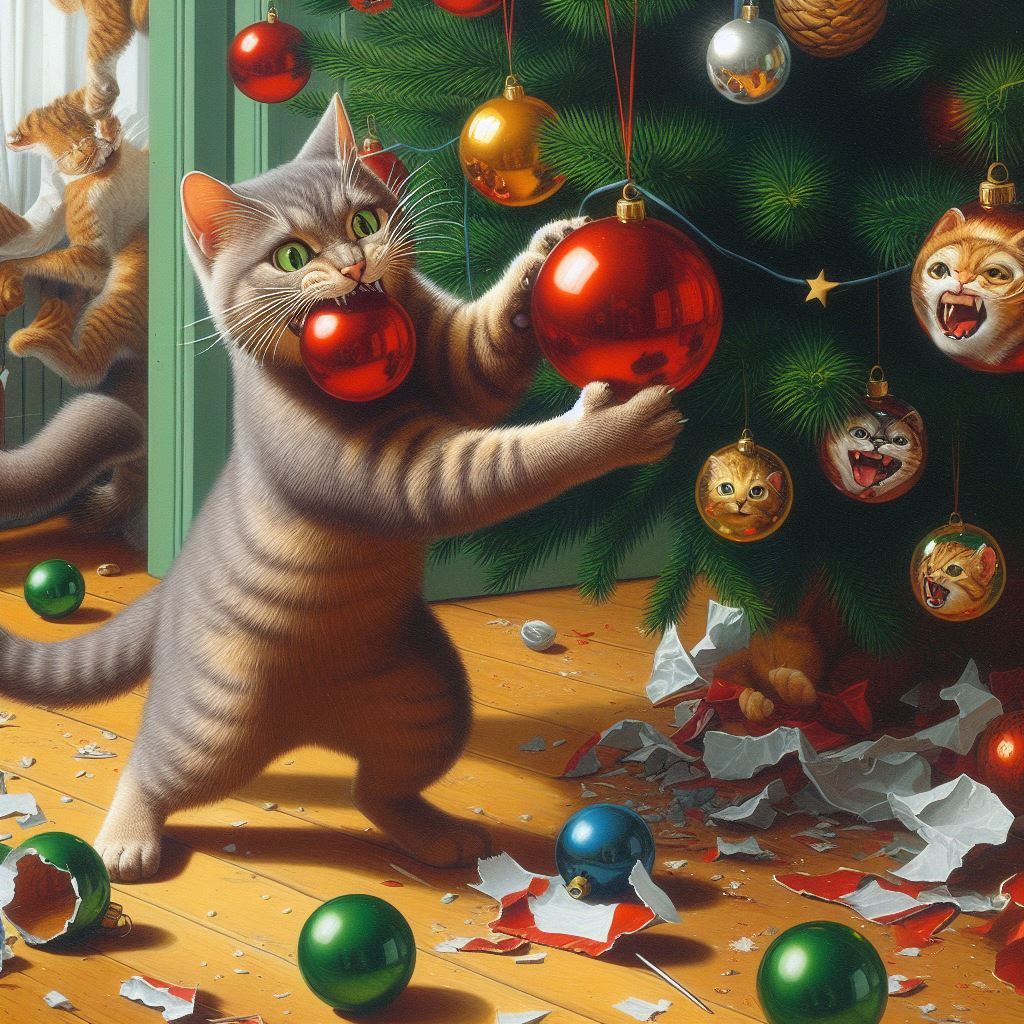 Cat Destroying Christmas Tree Baubles AI Generated Artwork