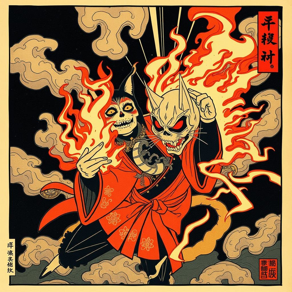 Cat Ninja Summons Spirit in Ukiyo-e Woodblock Print