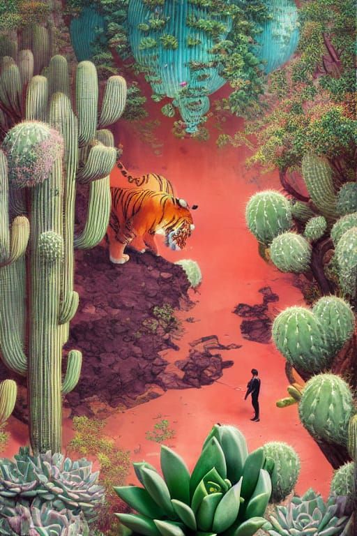 Tiger and succulents.