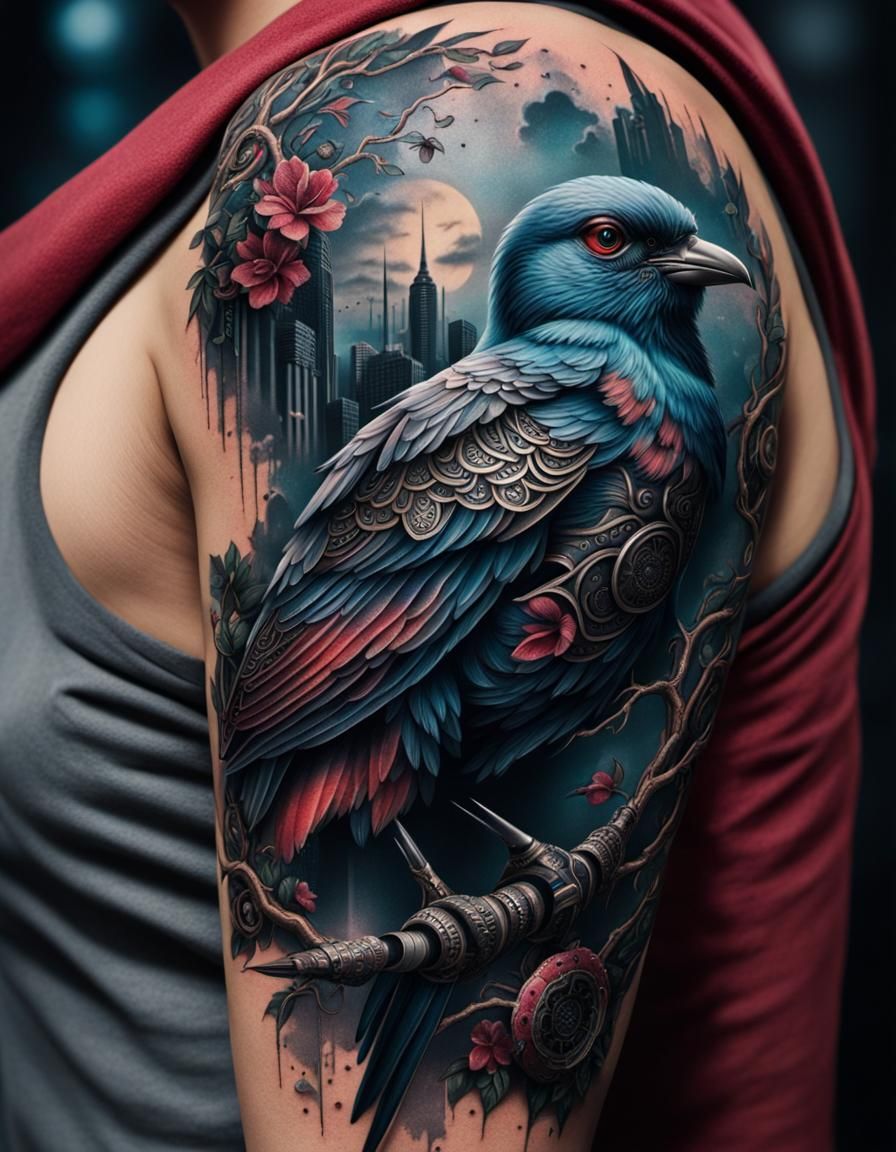Tattoo of a blue bird on the shoulder