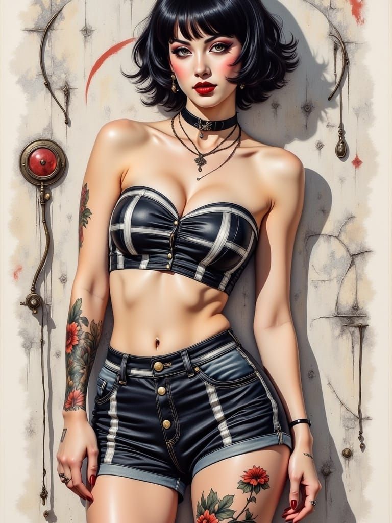 <lora:Pinup flux:1.0> stunning full body portrait Gorgeous gothic chick in matching jet and white tartan strapless tube top and high waisted...