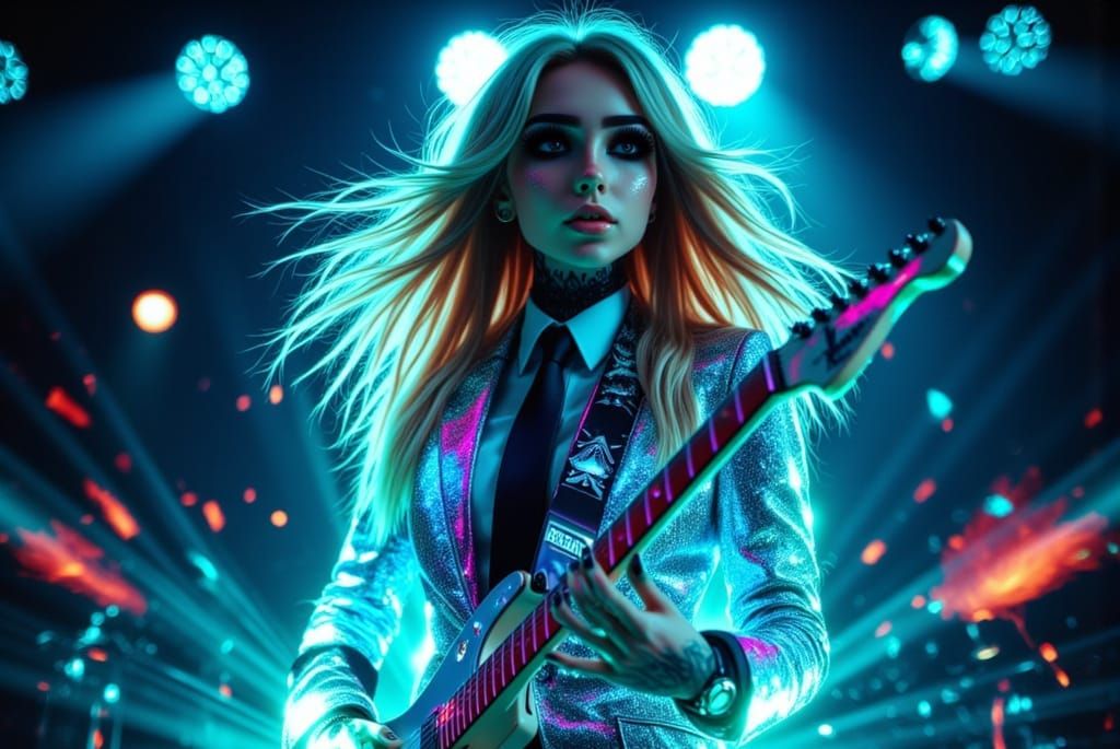 Woman with Blonde Hair Playing Electric Guitar in Iridescent...