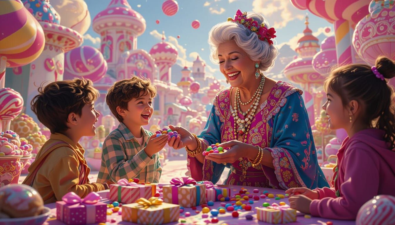 Grandmother Distributes Gifts in a Candyland Fantasy