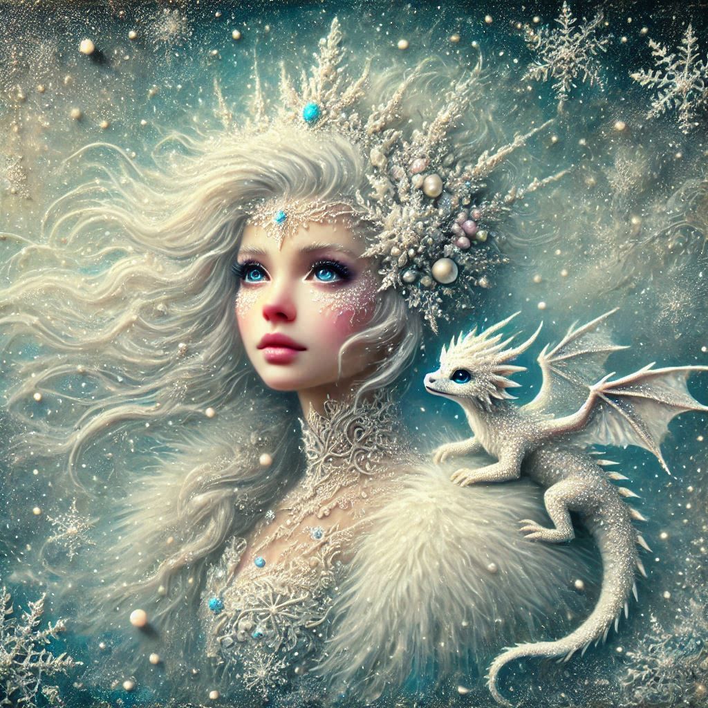 Snow goddess with her tiny dragon