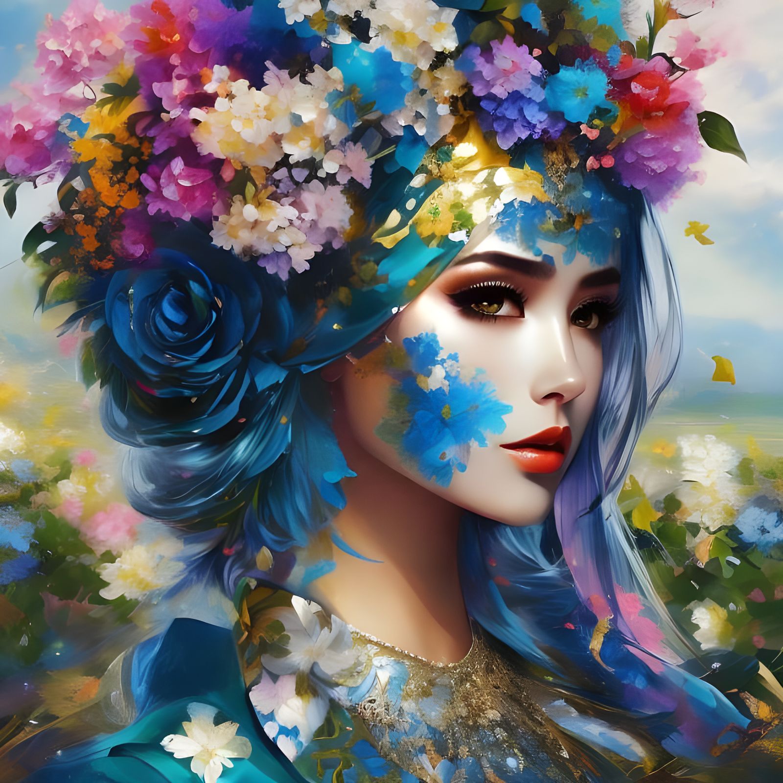  (<portrayal by Tgr22>:2.0). Anime Girl silhouette and birds filled with flowers <lora:Portrayal 1:1.0>