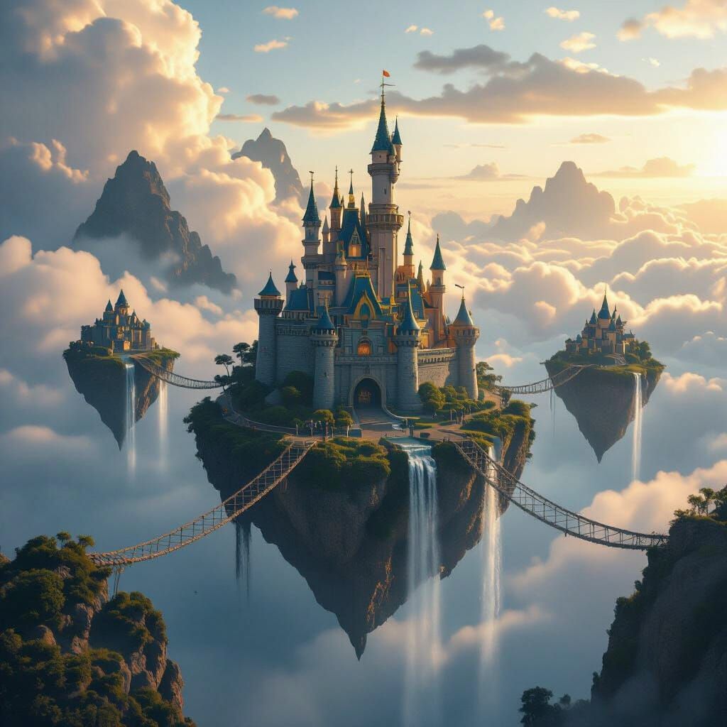 A cluster of small islands connected by rope bridges floating in outer space.