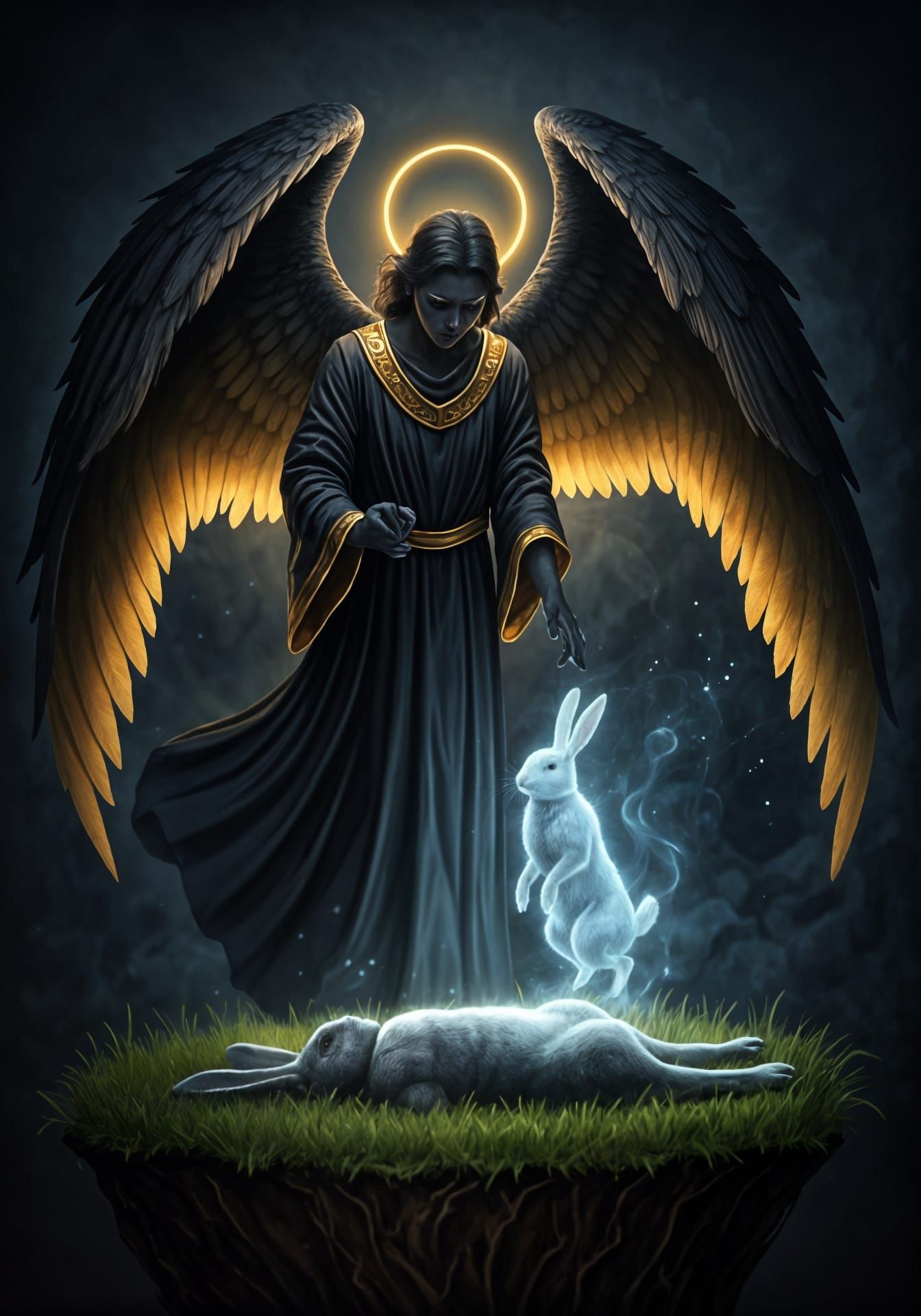 A shadowy angel of death reaches down for the soul of a rabbit.  by @Autumn
