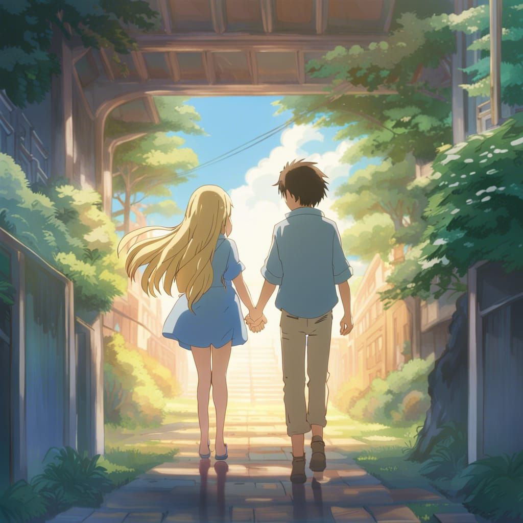 a girl with long  blond hair and brown eyes holding hands wi...