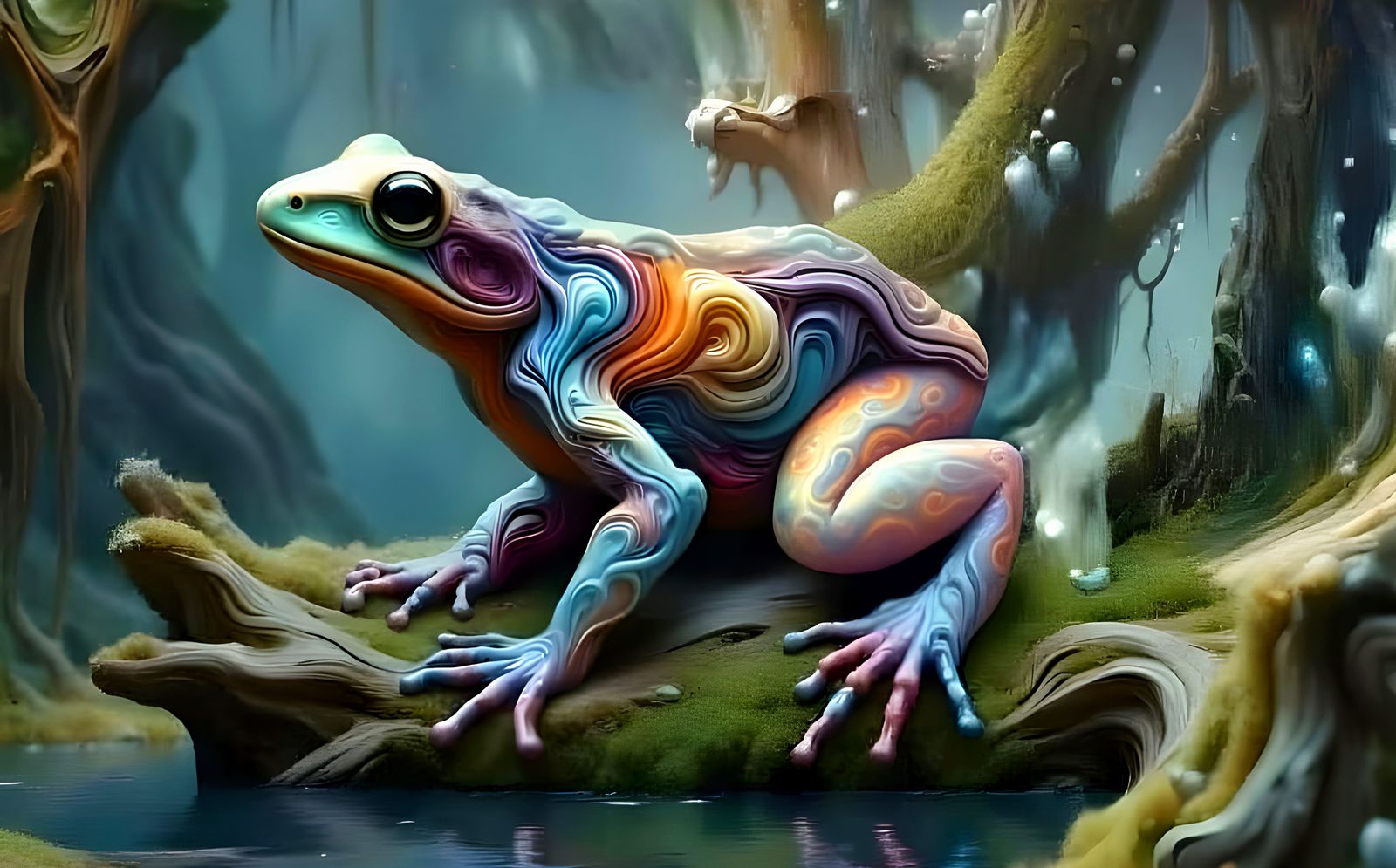 Surreal Smoke Tree Frog on Trunk in Abstract Nature Art