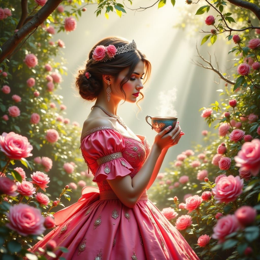 Jane Austen in Garden, Watercolor with Runes