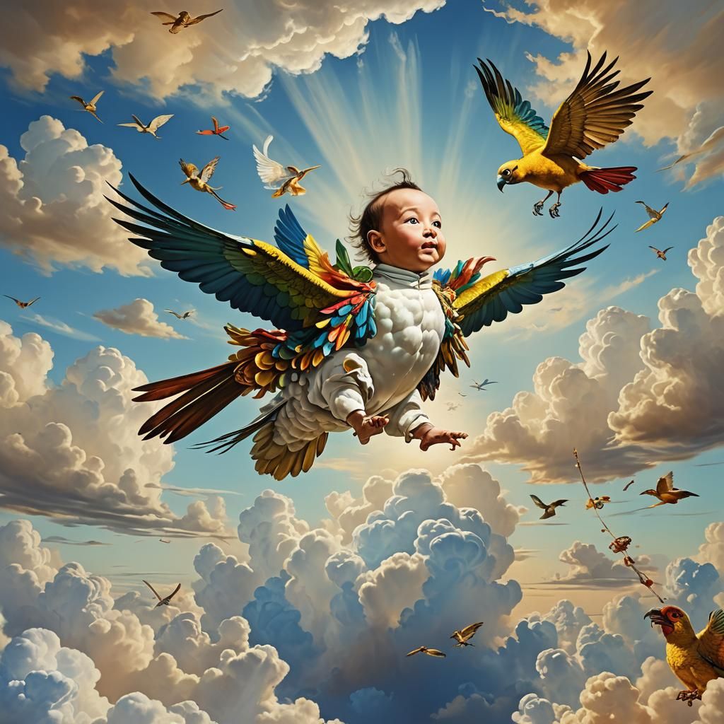 Baby Rides Flying Parrot in Surreal Sky